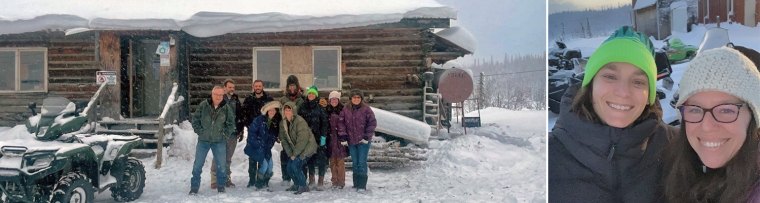 Pictured on the right: Julie Aaronson, who joined for the first community visit, and Sarah Lupis of SWCA. Also pictured a group photo in front of a cabin. 