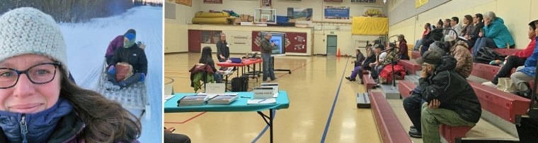 Sarah Lupis with a sled and a community event in a school gym. 