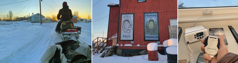 Sarah Lupis riding a sled, a community building, and the public address system used. 