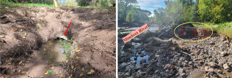 Left Image: Collapsed culvert at New Model Canal Right Image: Mimbres River with vertical head cut erosion of the riverbank