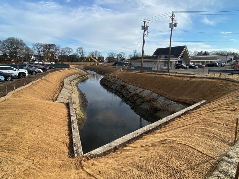 Biodegradable coconut fiber fabric laid along slope to secure topsoil, Spring 2023