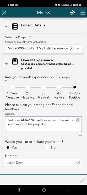 SWCA’s My Field Experience Feedback Form on Mobile